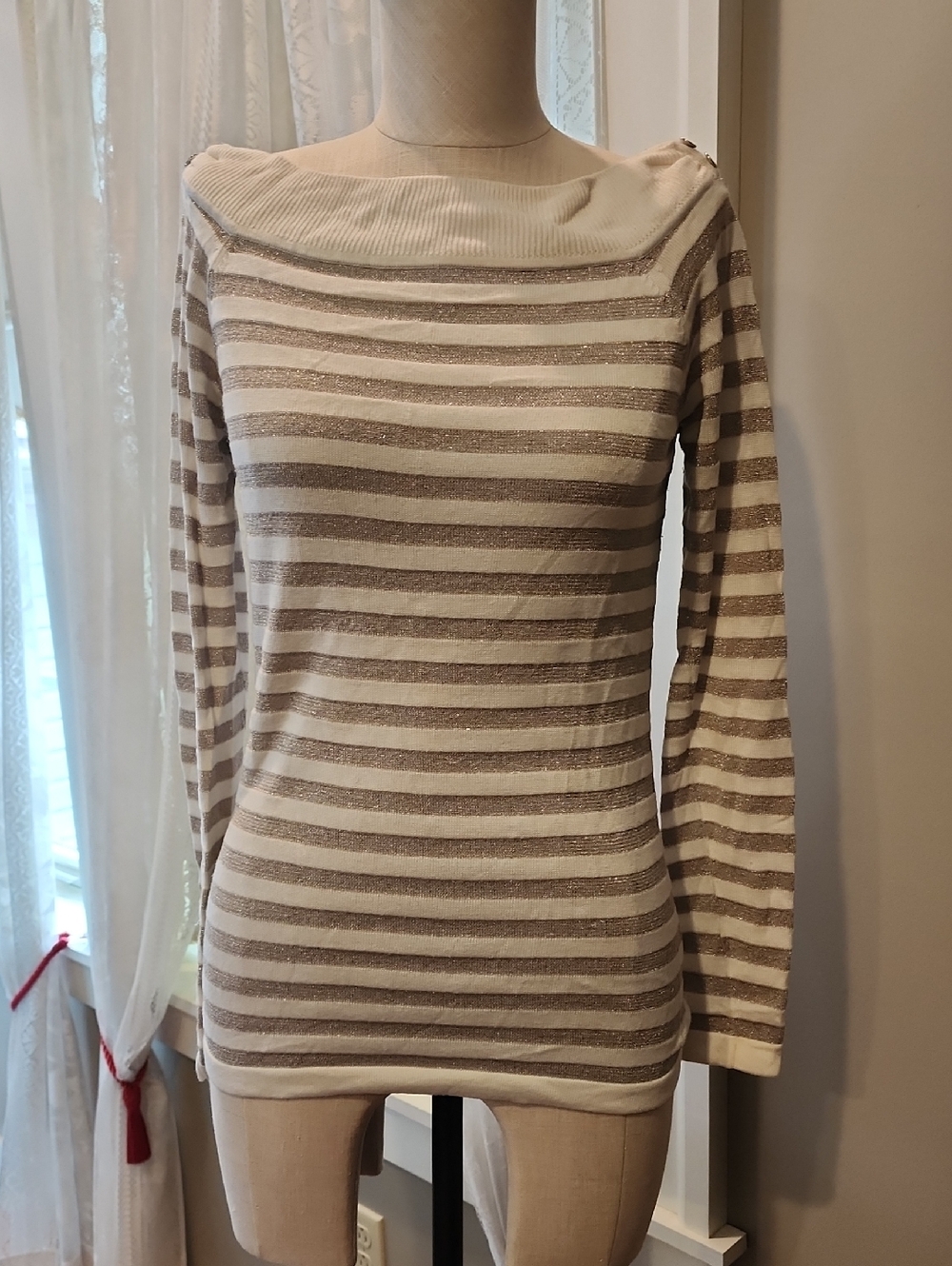 White House Black Market Striped Off-the-Shoulder Sweater Cream and Gold Shimmer